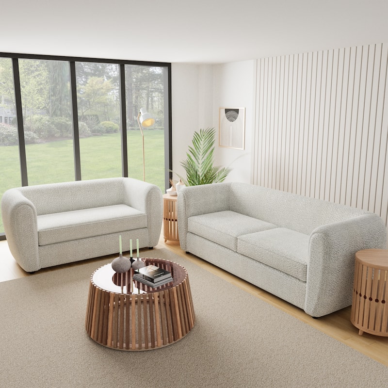 Furniture of America Vanessa Modern Curved Arms Boucle Sofa Set with Seat Cushion and Wooden Legs, 2-Piece or 3-Piece Options - Off-White - 2 Piece