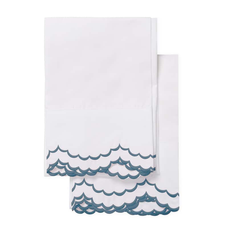 Percale Cotton Double Scalloped Embroidered Crisp Sheet Set - King Pillowcases - Navy