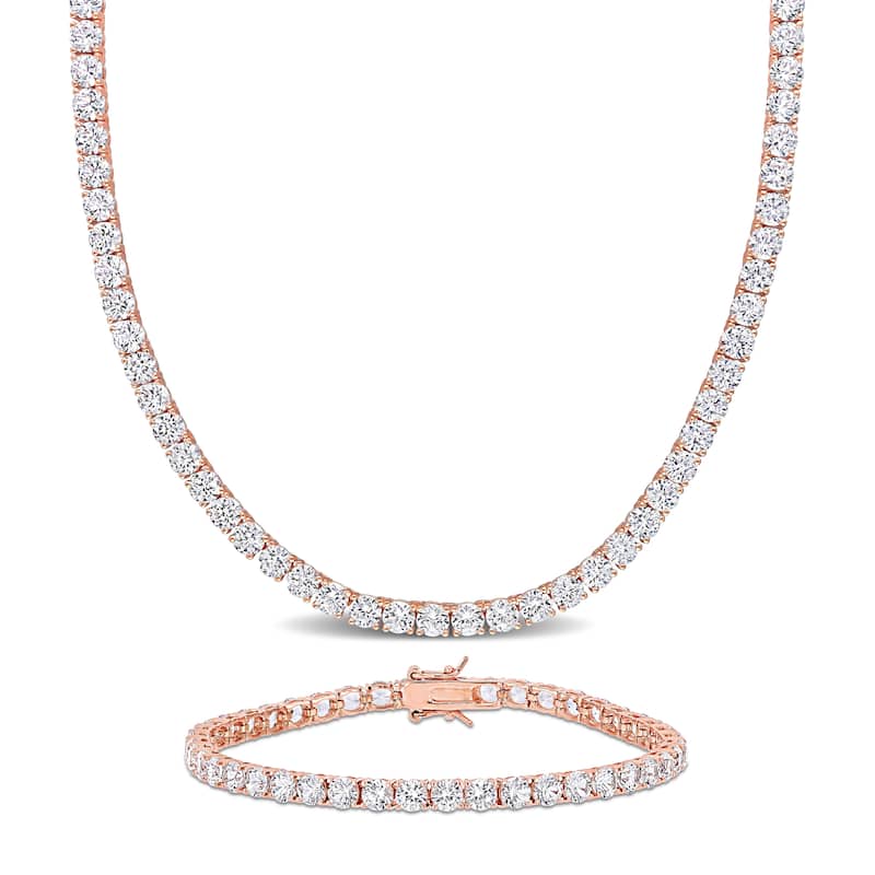 Miadora 47 1/4ct TGW Created White Sapphire Tennis Bracelet Necklace Set Rose Silver