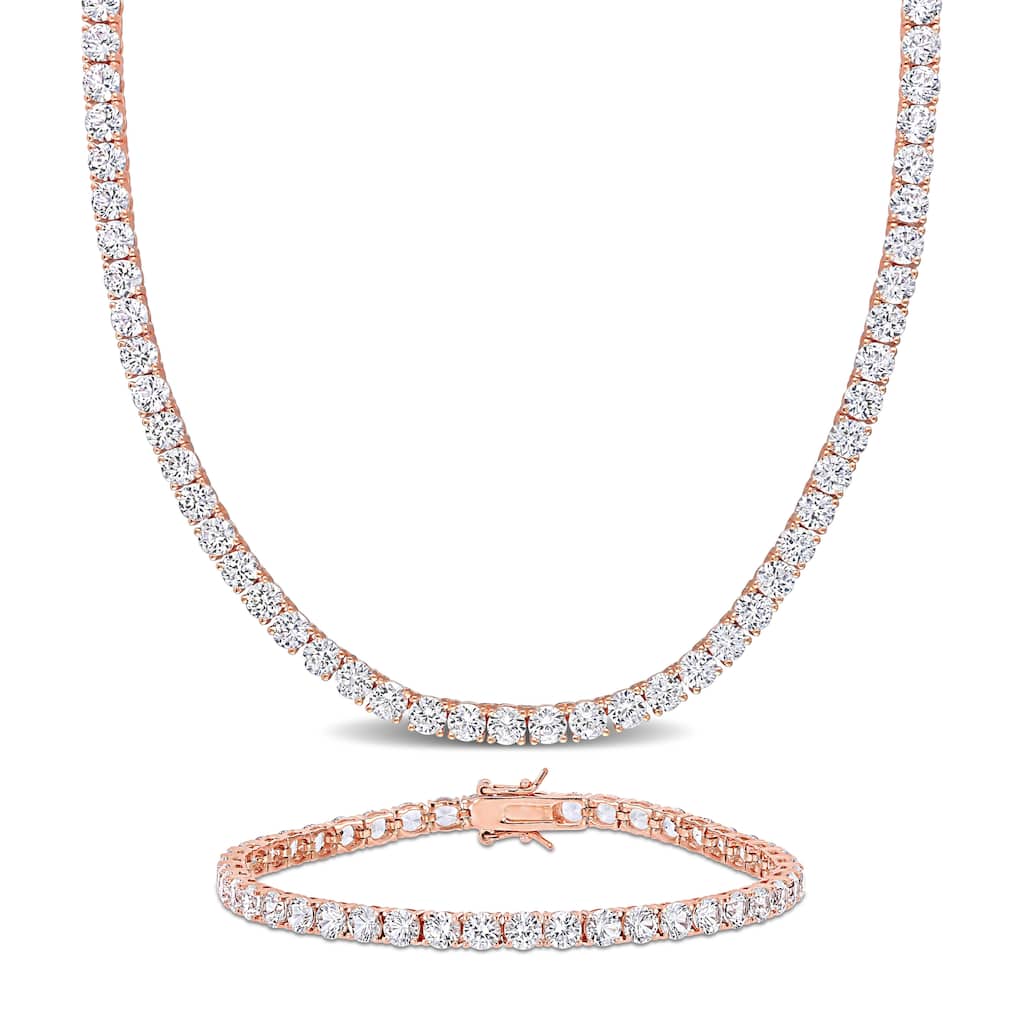 Miadora 47 1/4ct TGW Created White Sapphire Tennis Bracelet Necklace Set Rose Silver