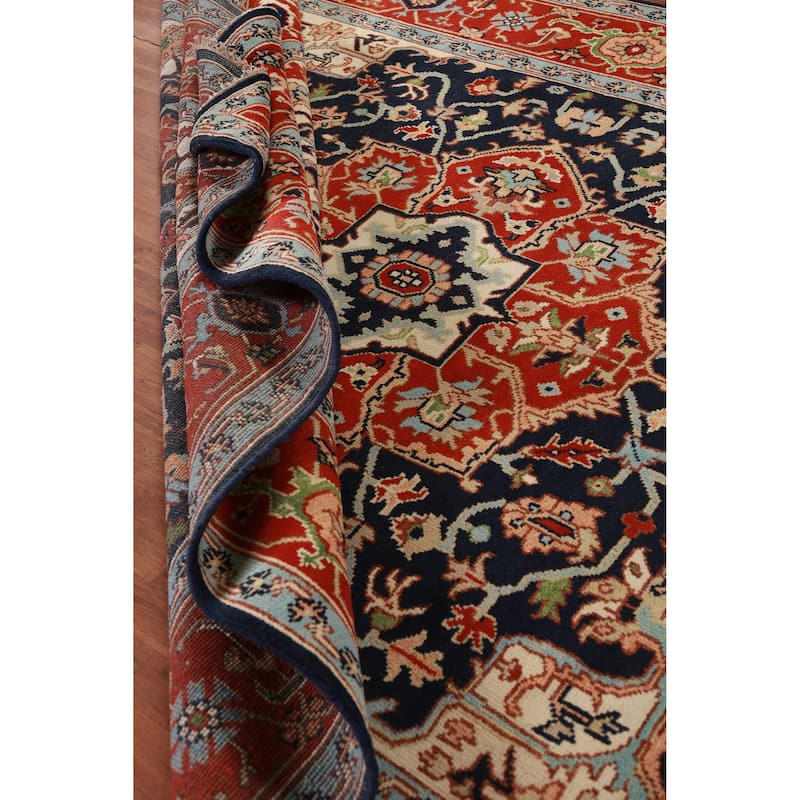 Hand Knotted Oriental 100% Wool Carpet Traditional All-Over Navy Blue & Blues Heriz (serapi) Area Rug - 12' 0'' X 9' 1''