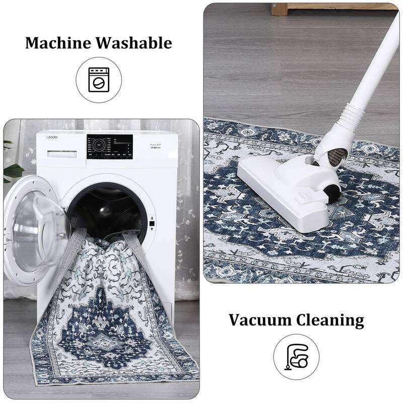 Runner Rug 2x6 Traditional Washable Vintage Medallion Floral Design Area Rug - 2' x 6' Oval - blue