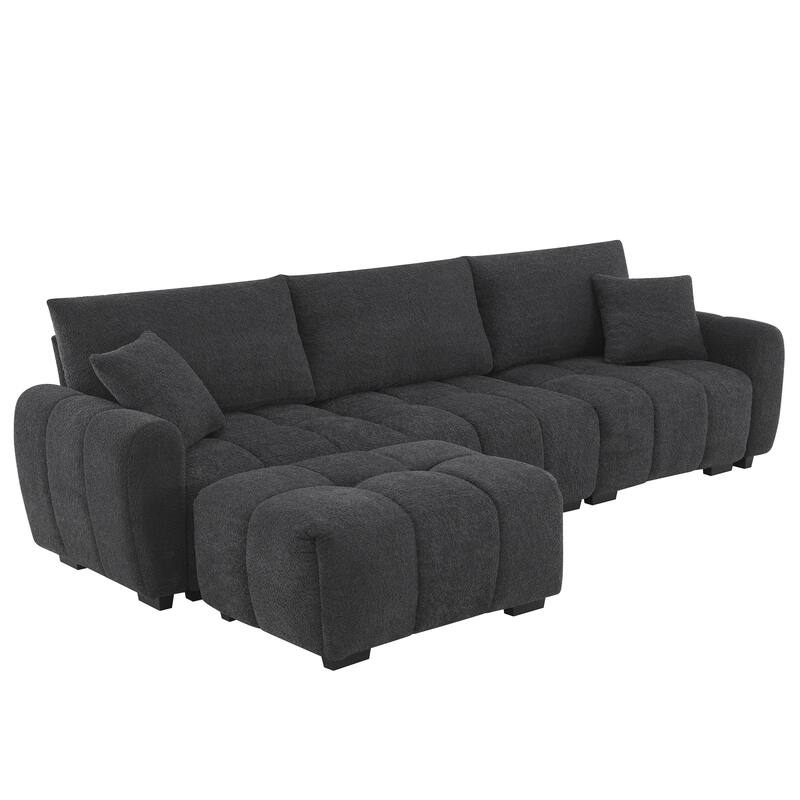 L-Shaped Sectional Sofa with Movable Ottoman, Boucle Fabric Couch with 2 Throw Pillows, Modular Upholstered 4 Seat Sofa