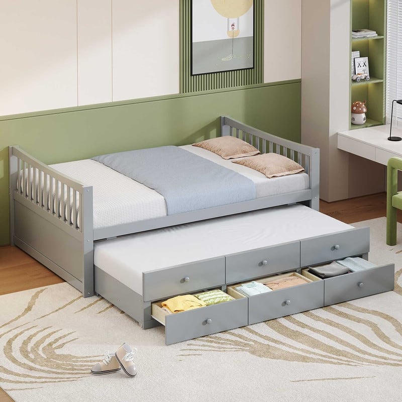 Full size Wood Daybed with Twin size Trundle and Drawers - Grey