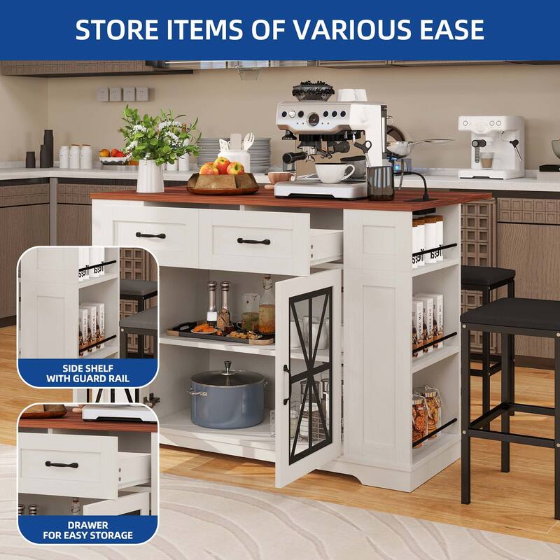 Moasis 47" Kitchen Island With Drop Leaf & 2 Bar Stools