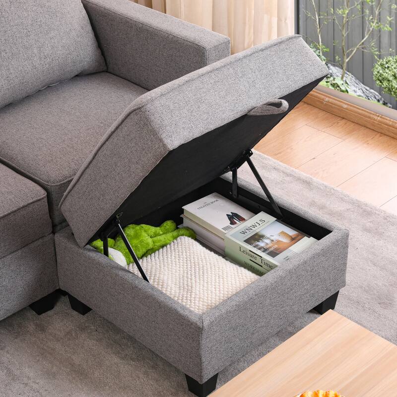 87" Burlap Modular L-Shaped 3-Seater Sectional Sofa with Convertible Chaise Ottoman and Built-in Storage