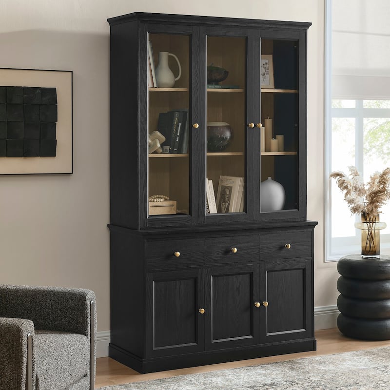 Amara 79 Inch Large Storage Display Cabinet - Black Oak