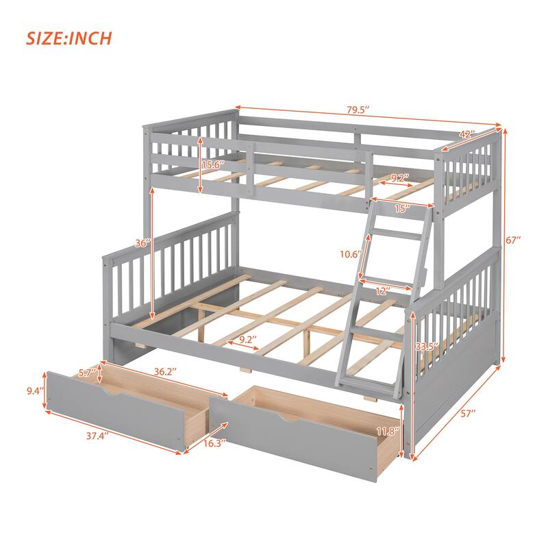 Twin-Over-Full Bunk Bed with 2 Storage Drawers and Ladder, Convertible 2 in 1 Wood Bedframe for Bedroom, Dorm, for Teens, Adults