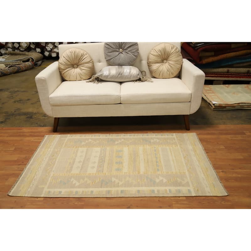 Hand Woven Oriental 100% Wool Carpet Southwestern Tribal Yellow & Gold Kilim Area Rug - 5' 1'' X 3' 1''