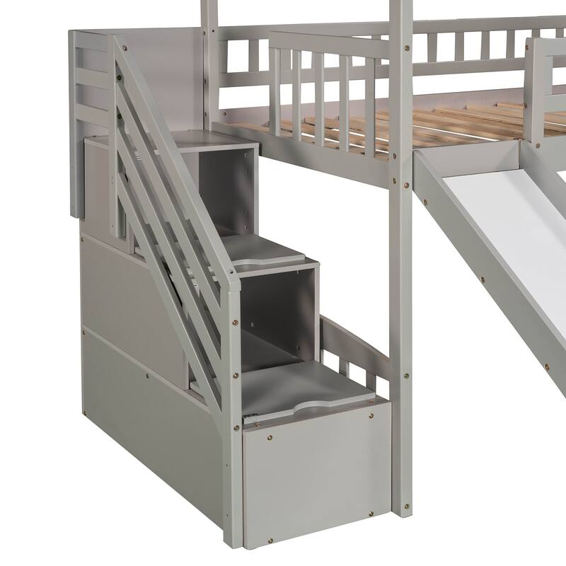 Twin Loft Bed with Slide, Storage Drawers, and Playhouse Design
