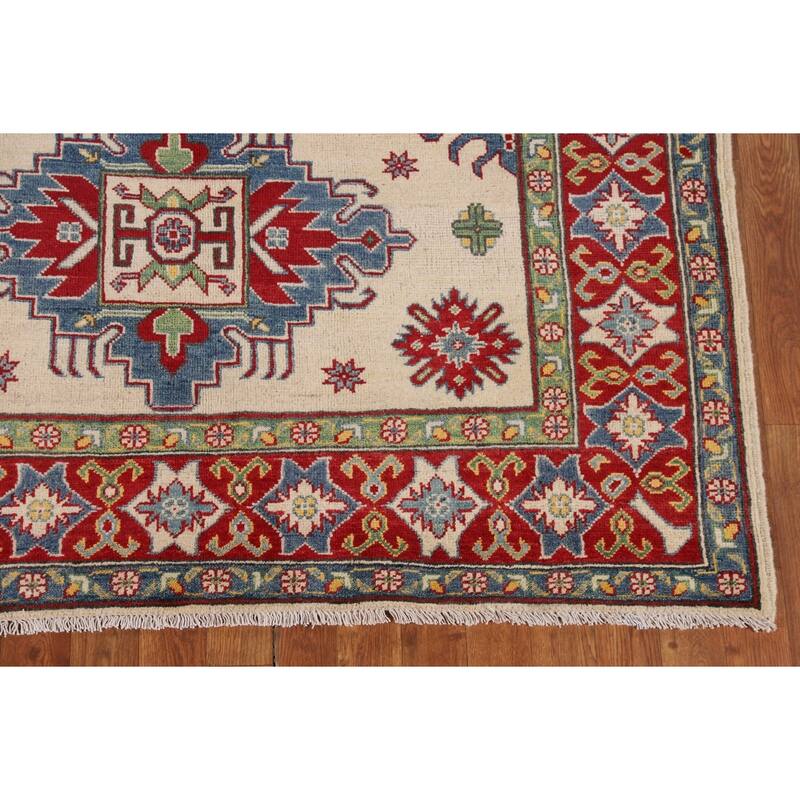 Ivory Kazak Oriental Area Rug Hand-Knotted Geometric Wool Carpet - 5'1" x 6'7"