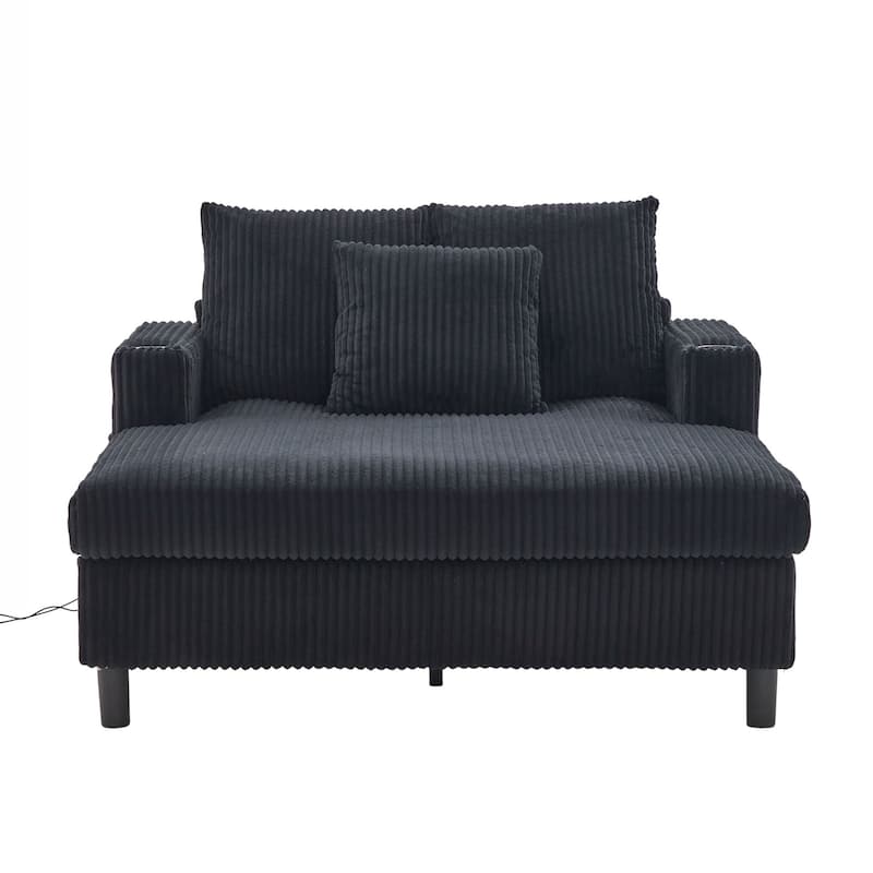 Modern Corduroy Oversized Recliner Sofa with Deep Seat, 3 Pillows, USB Charging, RGB LED Light Strip, Cup Holder, Side Pocket