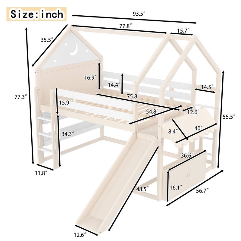 Starry Moon Kids Bed Frame Full Size Bunk Bed House Loft Bed with Built-in Bookshelves, Ladders and Reversible Slide for Playful