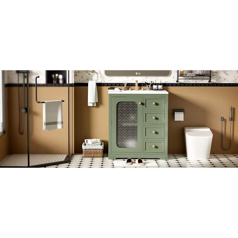 30''/36'' Bathroom Vanity with Sink, 3 Drawers Bathroom Storage Cabinet with Soft-Close Glass Door and Adjustable Shelf
