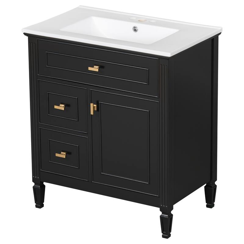 Roomfitters 30" Bathroom Vanity with Ceramic Sink, Solid Wood Frame with Flip Drawer, 2 Side Drawers & Adjustable Shelf