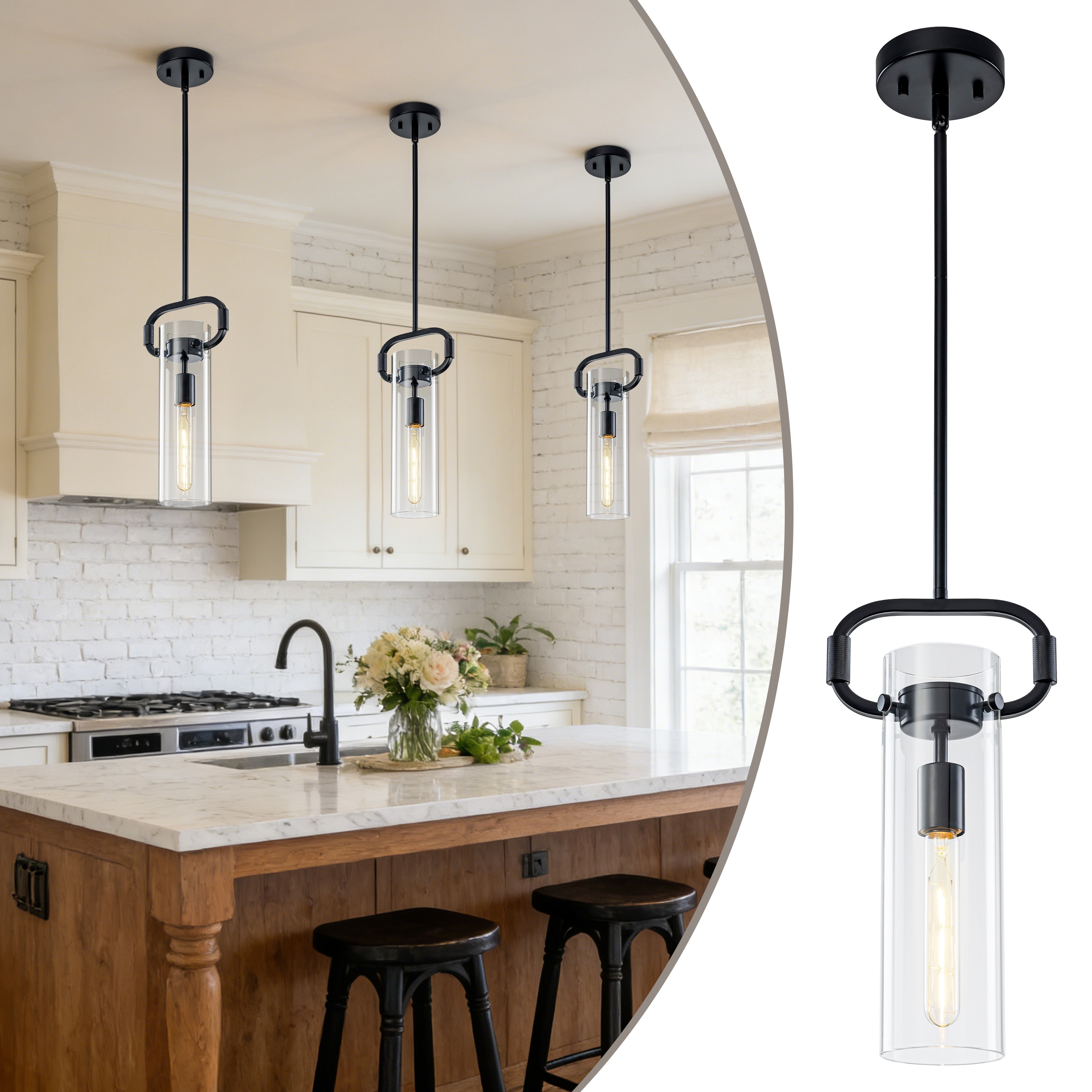Starsky Modern Pendant Lights for Kitchen Island, Clear Glass Cylinder Mini Pendant Light, E26, 1 Light or Set of 2