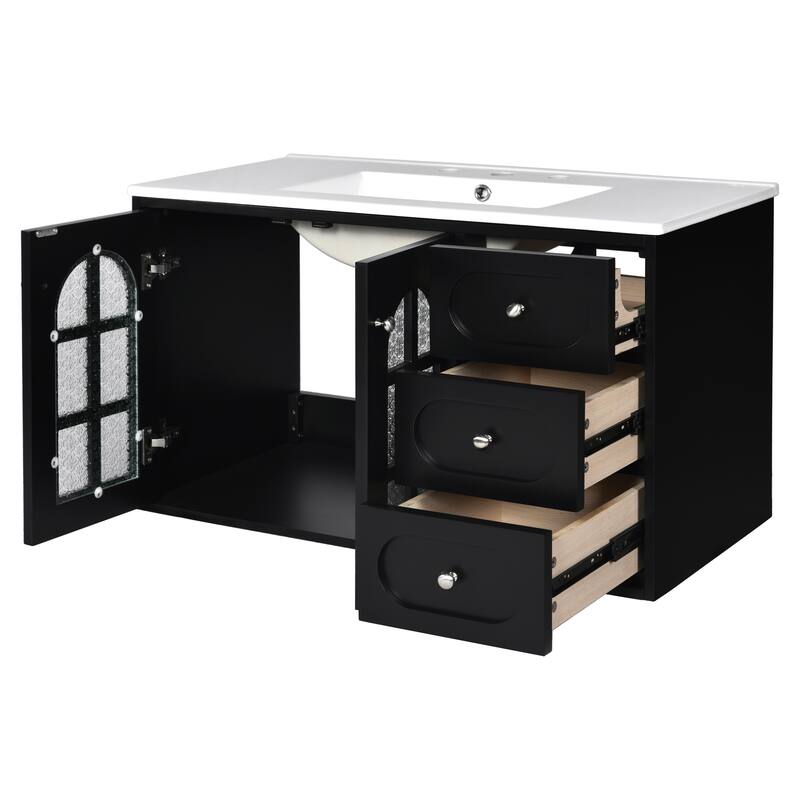 Floating Bathroom Vanity with Sink, Solid Wood Bathroom Storage Cabinet, Bathroom Vanity with 3 Drawers & Glass Panel Doors