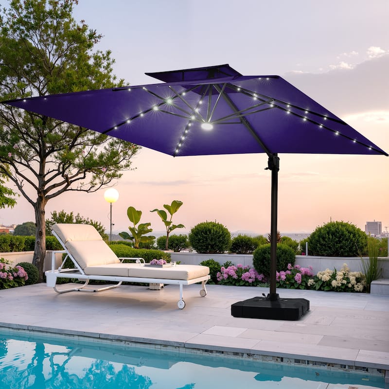 Pellebant 9x11FT Outdoor Dual Top Cantilever Patio Umbrella LED Light with Wheel Base - NavyBlue