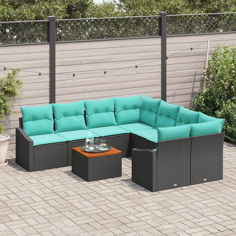 vidaXL 9 Piece Garden Sofa Set with Cushions Black Poly Rattan Acacia - 91.9×92.1×27.2