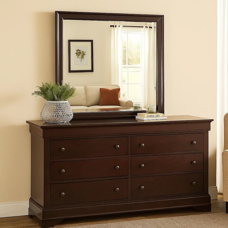 Rectangular Molded Wooden Frame Dresser Top Mirror, Cherry Brown and Silver