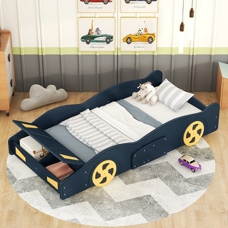 Race Car-Shaped Platform Bed,Kids' Bed with Wheels and Storage