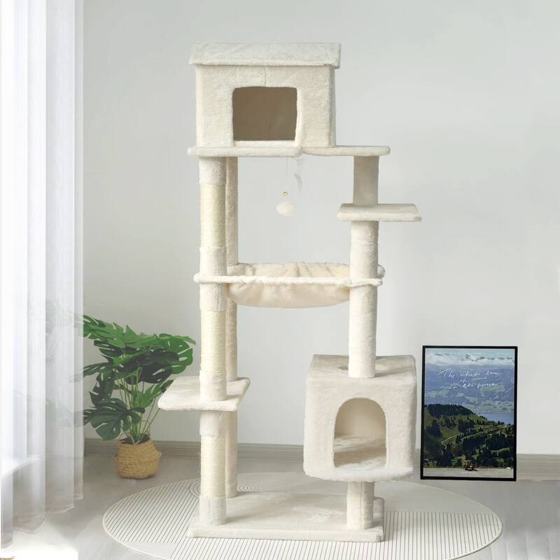 Beige Multi-Level Cat Tree with Unique Cat House, Hammock, Scratching Posts - Plush Cat Tower