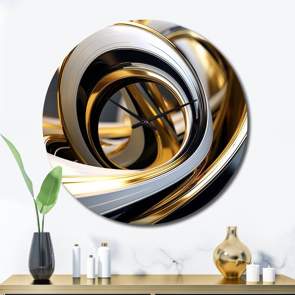 Designart "Liquid Gold Black And White Swirling Dimension I" Abstract Spirals Oversized Wall Clock