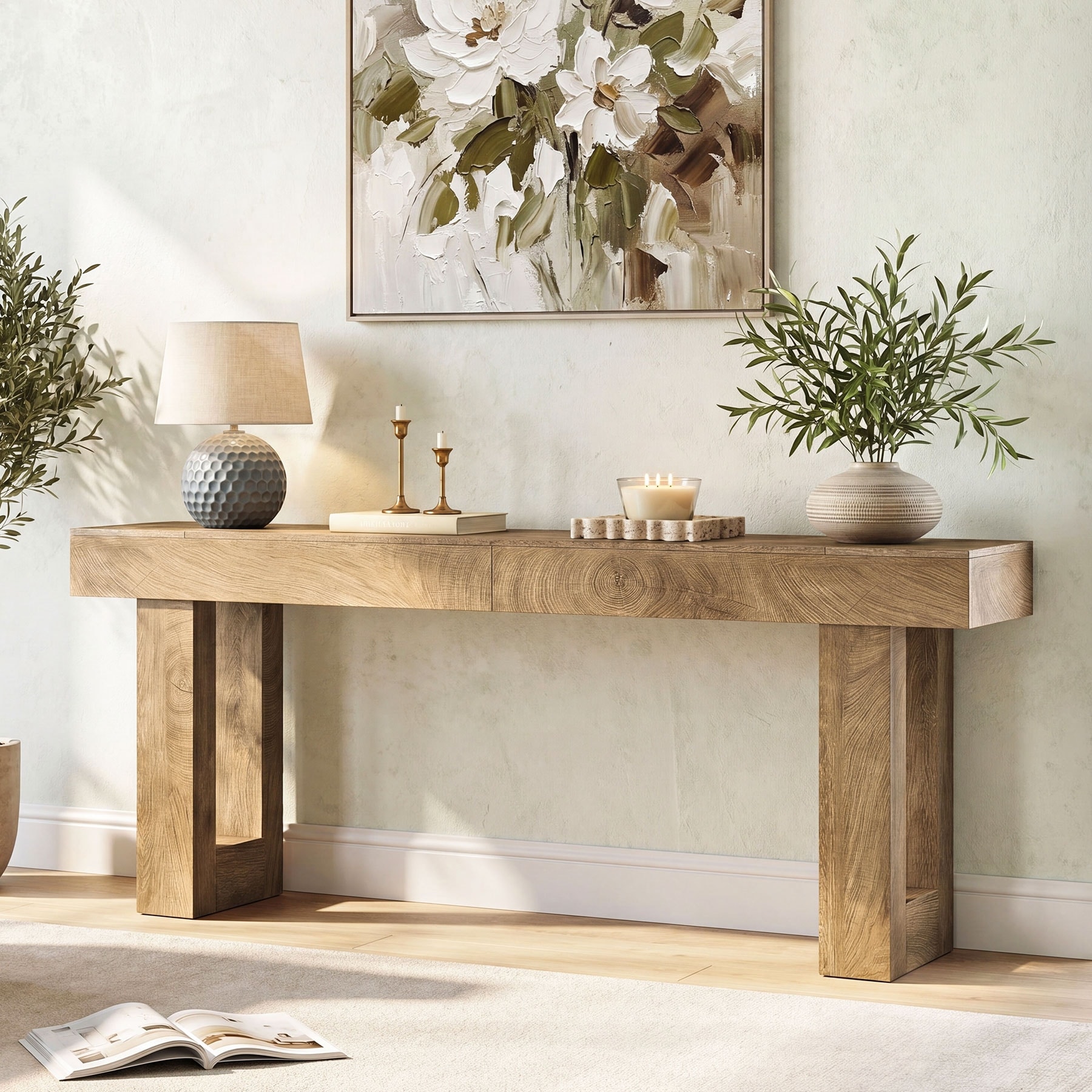 63-Inch Farmhouse Wooden Sofa Console Entryway Table for Living Room