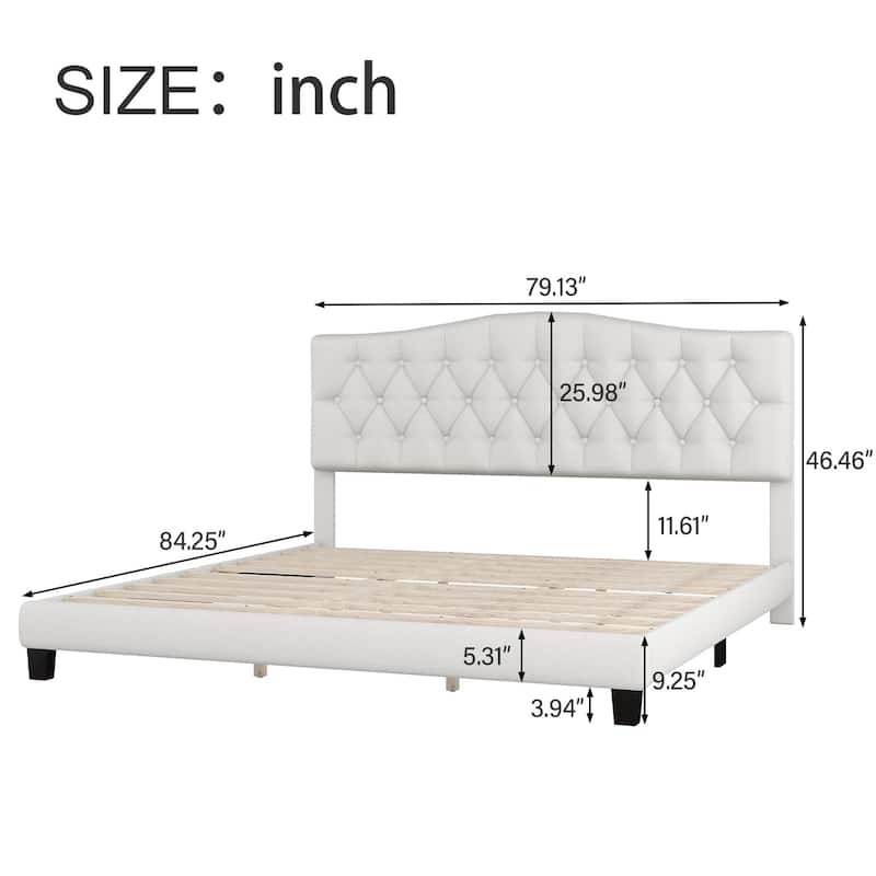 Beige Linen Upholstered Wood Platform Bed with Tufted Curved Headboard