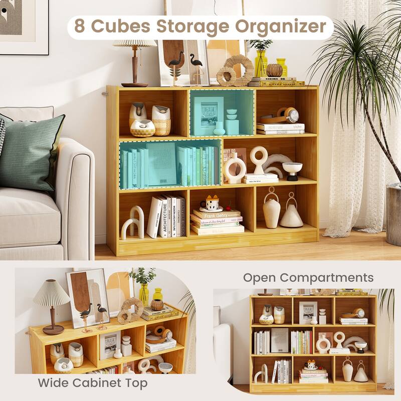 Freestanding 3-Tier Bookcase with 8 Open Cubes and Sturdy Screw Construction and Floor Protection