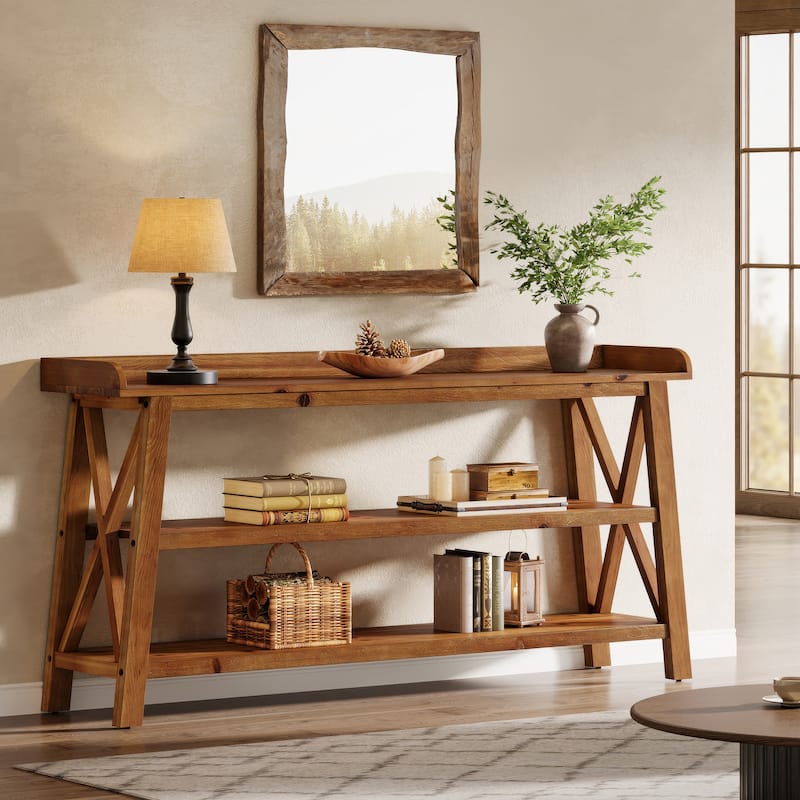 63'' 3-Tier Solid Wood Console Table with Top Side Guard for Entryway - Vintage Brown