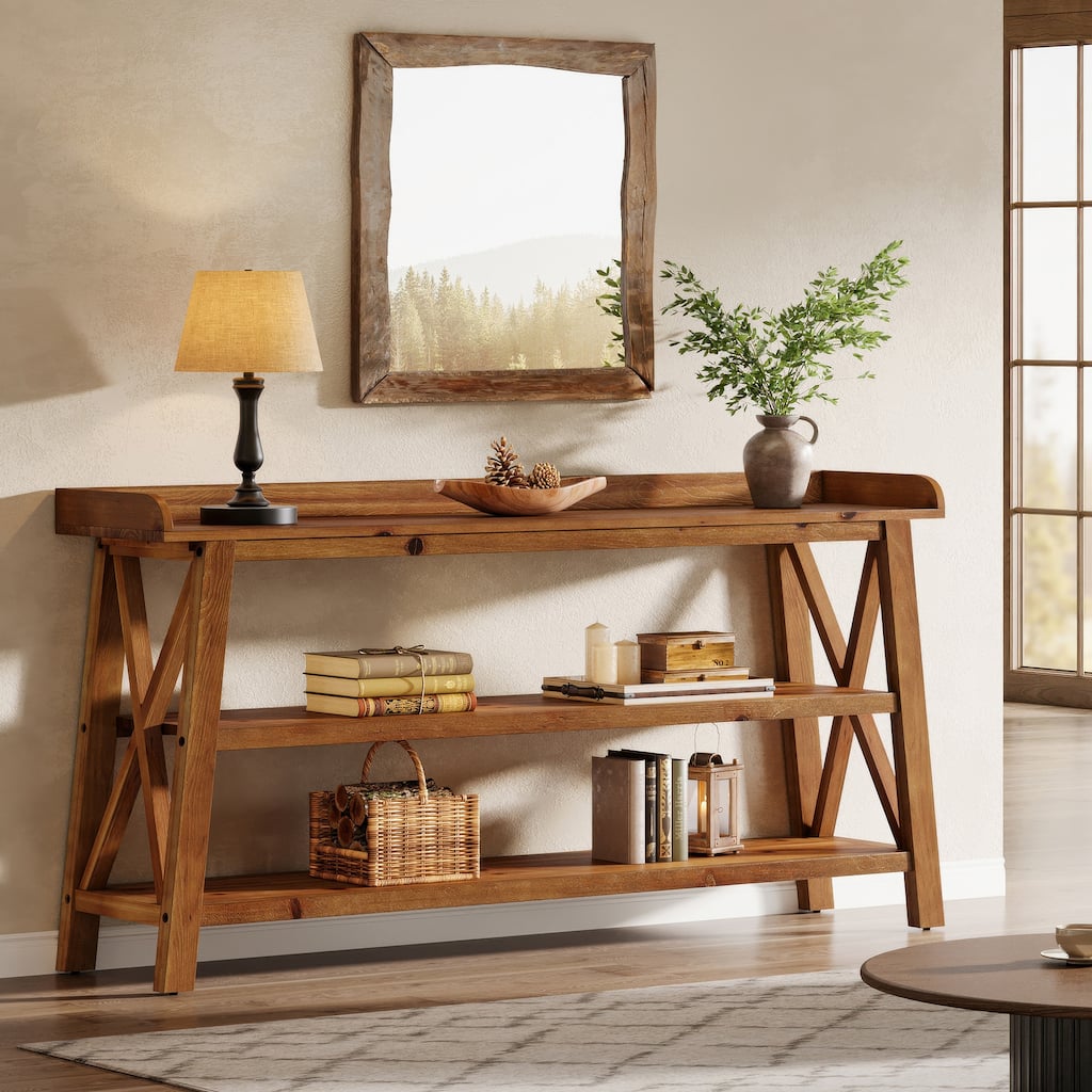 63'' 3-Tier Solid Wood Console Table with Top Side Guard for Entryway