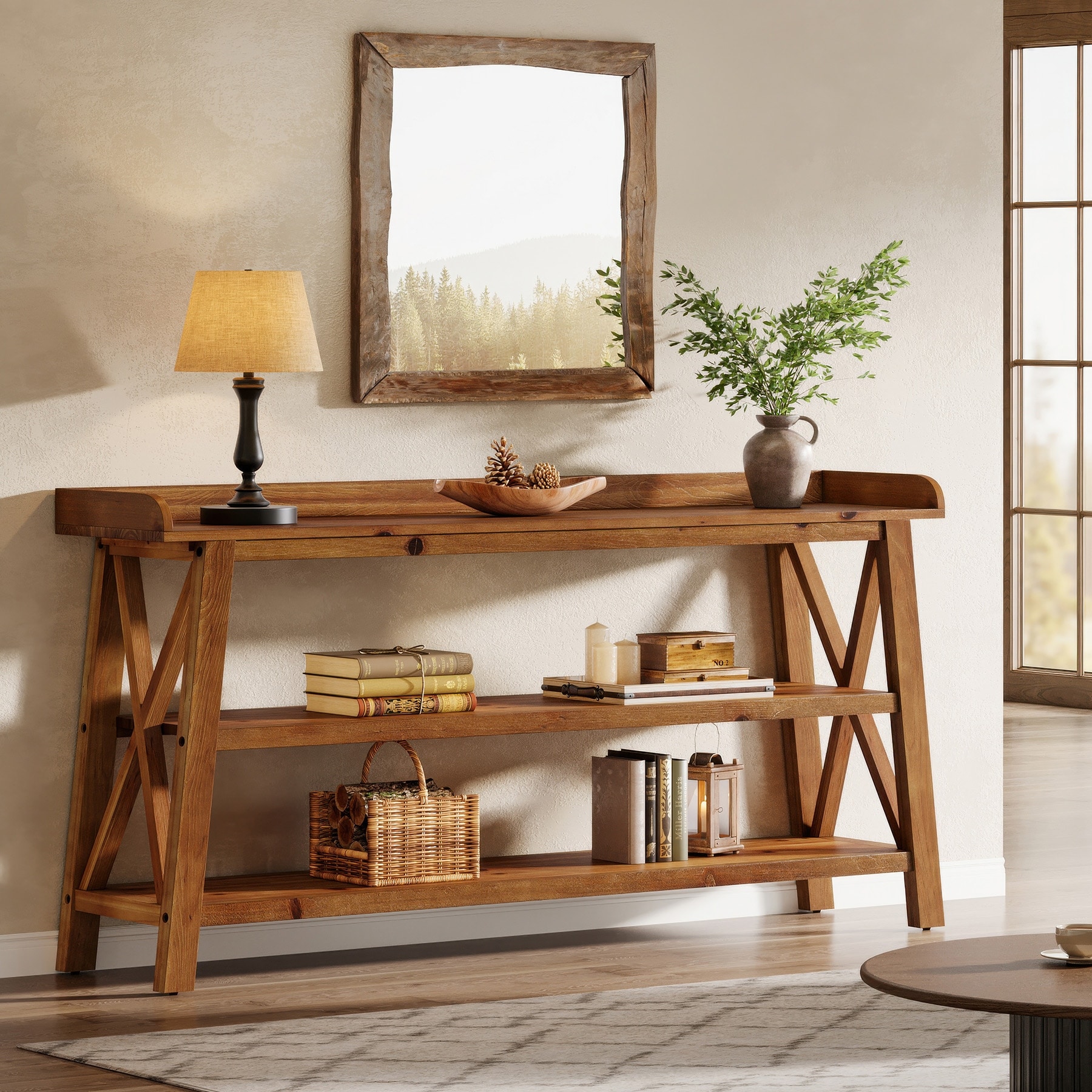 63'' 3-Tier Solid Wood Console Table with Top Side Guard for Entryway