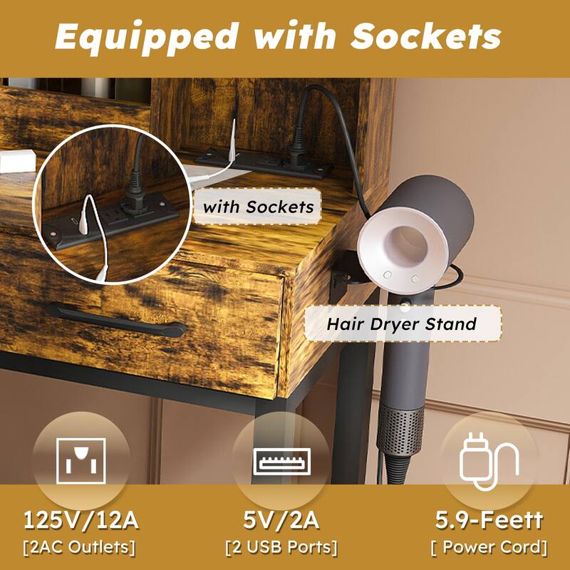 Vanity Desk with LED Mirror & Stool, Makeup Vanity Table with Power Outlet, Drawer & Open Shelves, Small Dressing Table Set