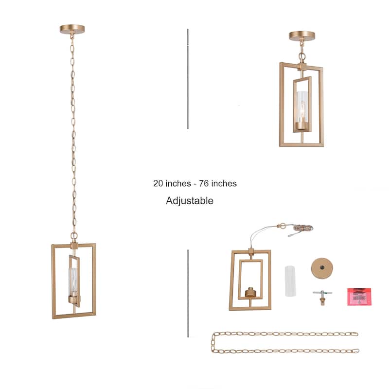 Mid-century Modern Gold Lantern Pendant Farmhouse Dimmable LED Rotatable Kitchen Island Light with Cylinder Glass