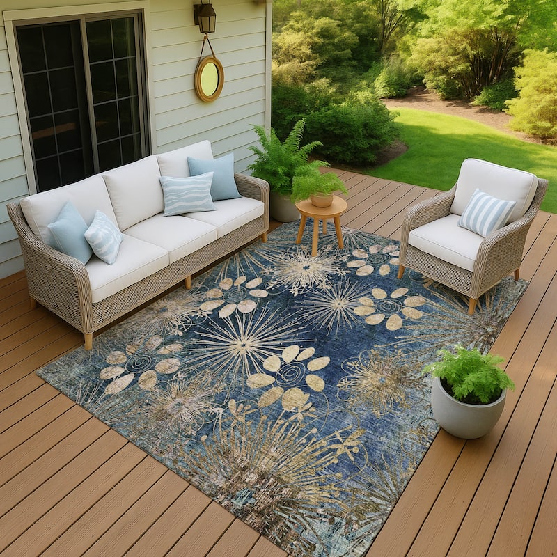 Machine Washable Indoor/ Outdoor Floral Geo Chantille Rug - Navy - 2'6" x 3'10"
