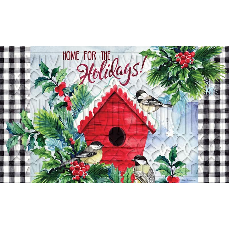 Chickadees Holiday Birdhouse Embossed Floor Mat