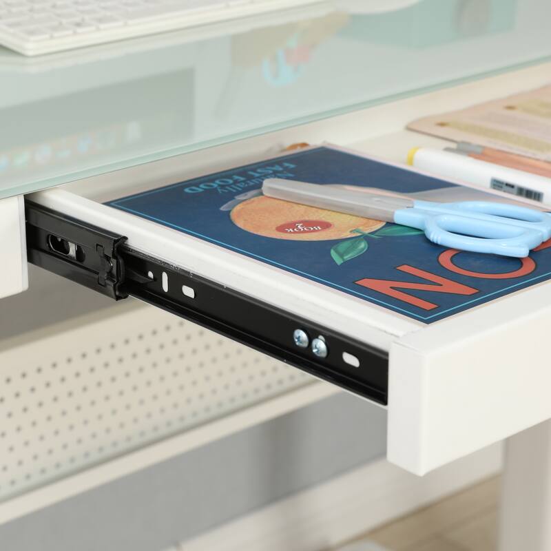 48 x 24 Inches Tempered Glass Standing Desk with Metal Drawer - White