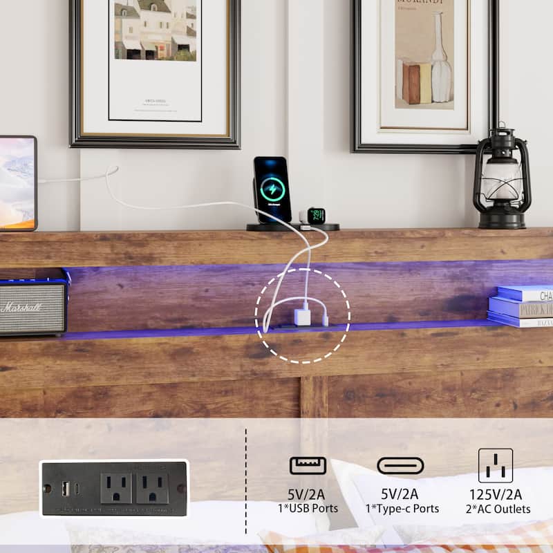 Wood Platform Bed Frame with Storage LED Light Headboard and 2 USB , Noise Free,No Box Spring Needed, Large Under Bed Storage