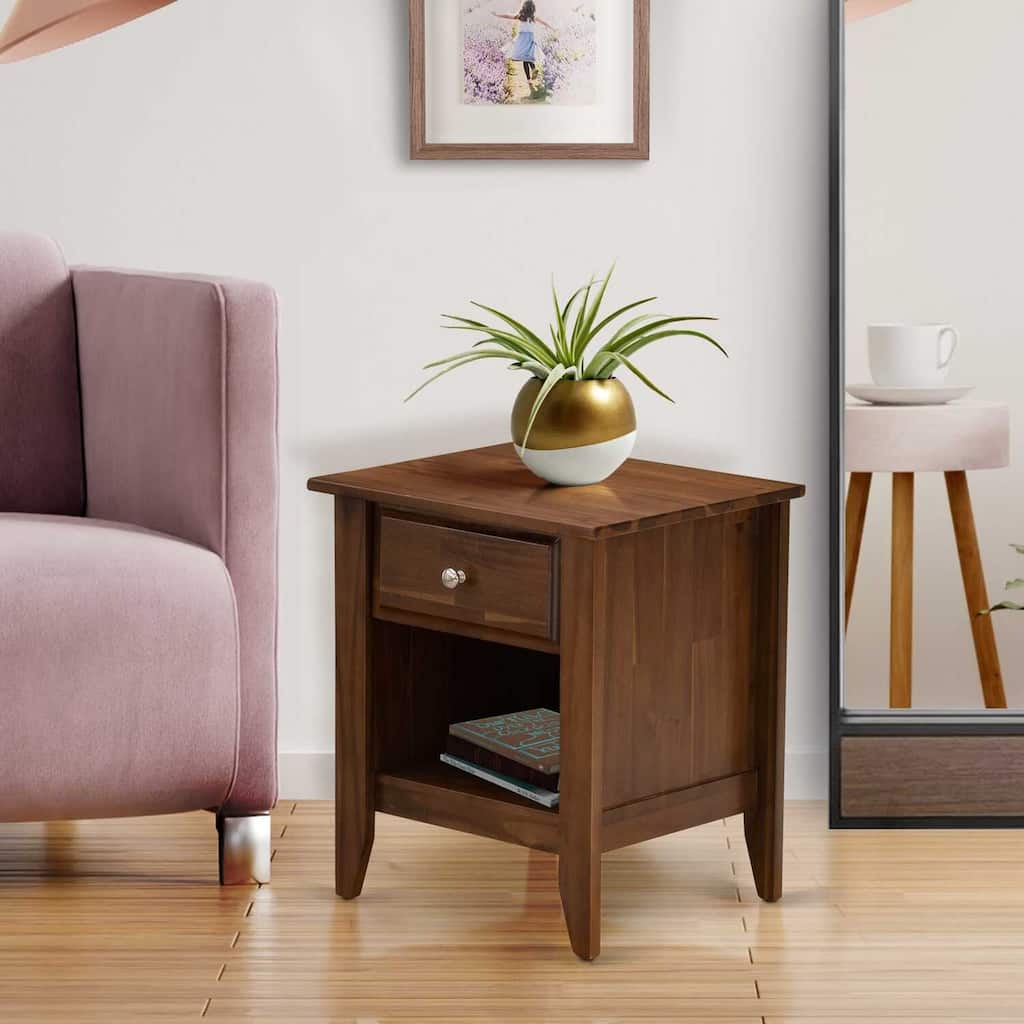 Bedside Table with Drawer - Rectangle Nightstand for Bedroom - Antique Walnut Finish - 18x21 Inch