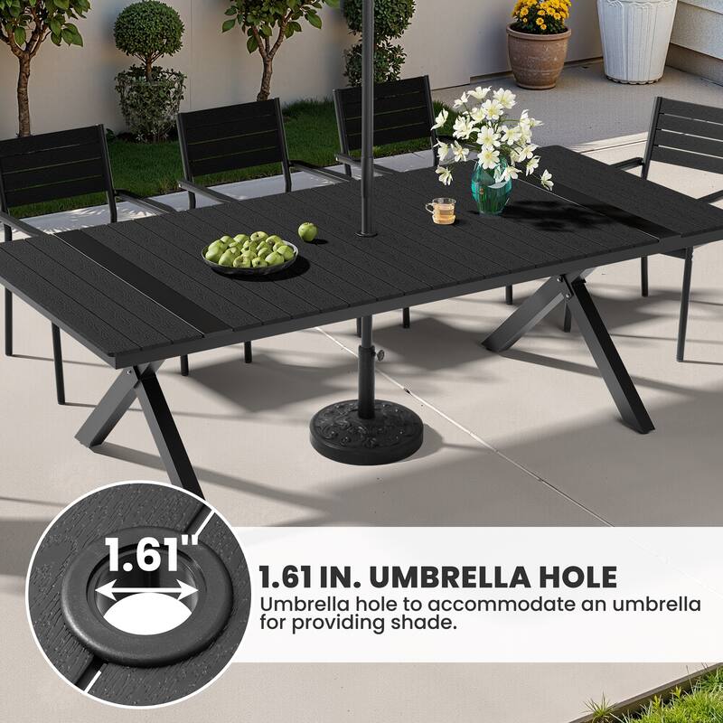 Outdoor Aluminum Dining Table Set Rectangular Table with Umbrella Hole and Stackable Chairs