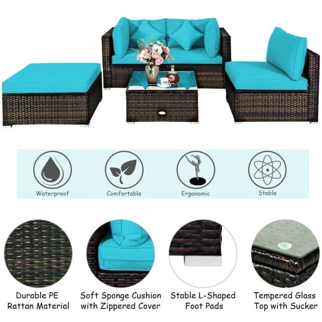 5 Pcs Outdoor Patio Rattan Furniture Set Sectional Conversation with Cushions - 29.5'' x 29.5'' x 25.5'' (L x W xH)