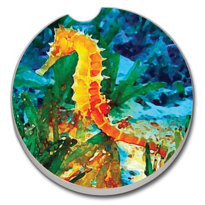 Counterart Absorbent Stoneware Car Coaster, Colorful Seahorse, Set of 2 - 2.5