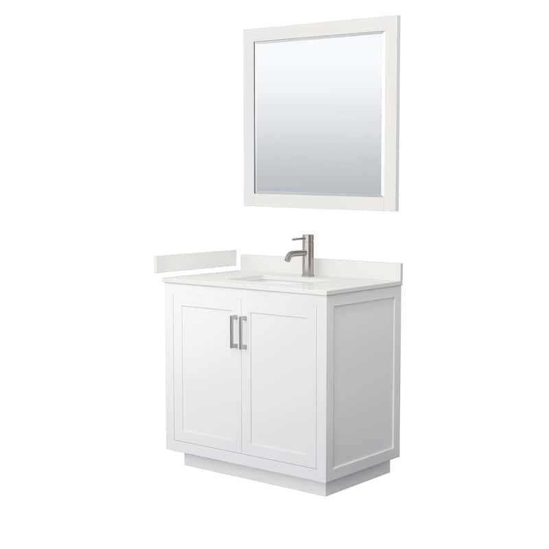 Miranda 36-inch Single Vanity, Quartz Top, 34-inch Mirror - White, Nickel Trim, White Quartz Top