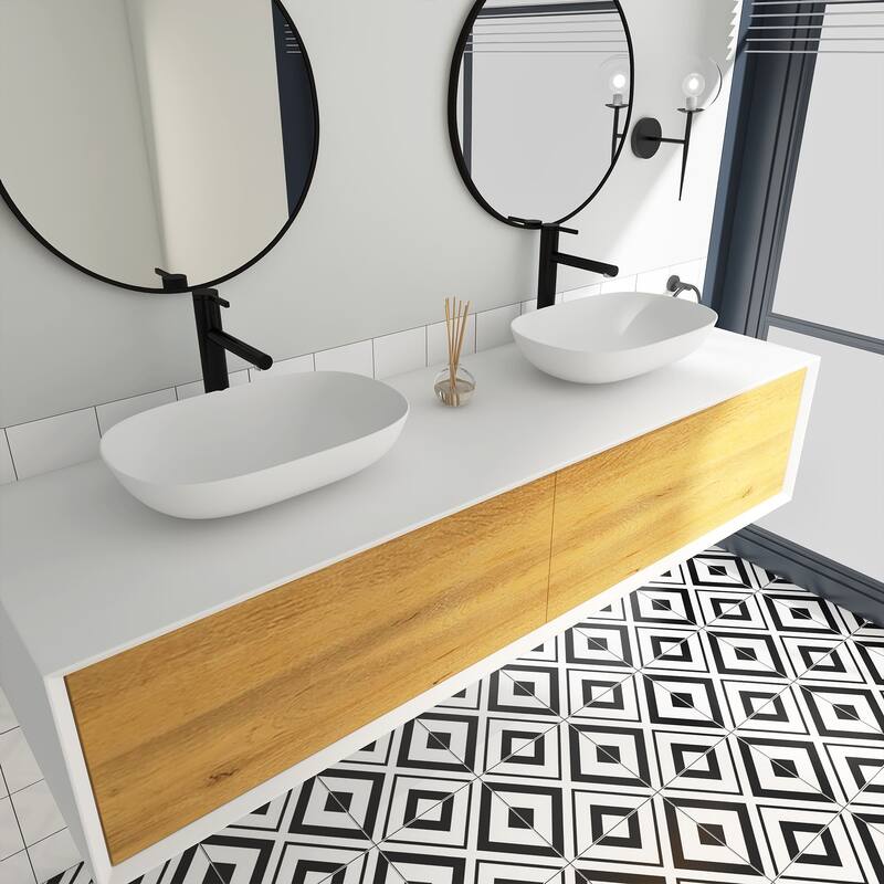 Wall Mounted Bathroom Vanity Set with White Solid Surface Top and Vessel Sink