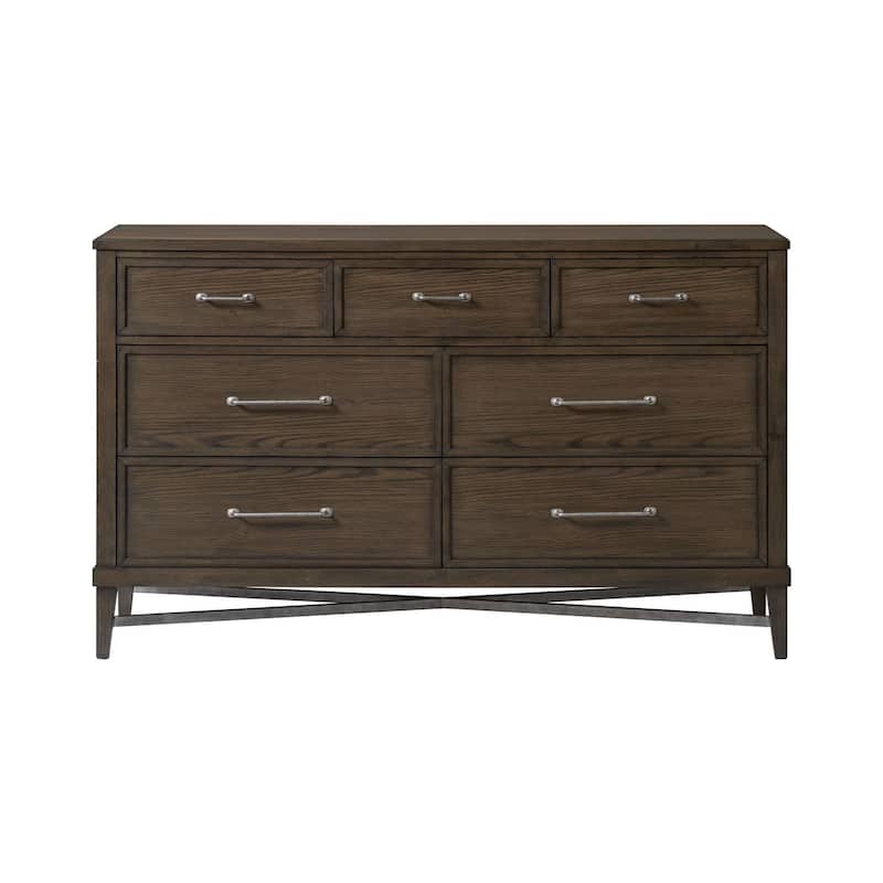 Preston 66" Wide Bedroom Dresser with 7 Drawers, Weathered Vintage Oak