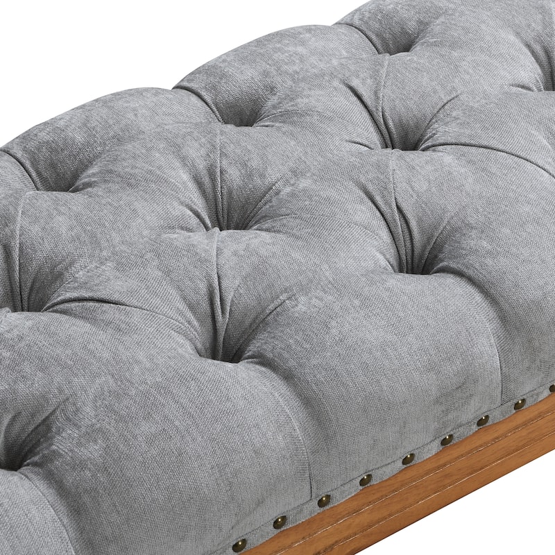 Christopher Knight Home - Mid-Century Solid Rubberwood Upholstered Bench with Rolled Arms, Button-Tufted Cushion & Nailhead Trim