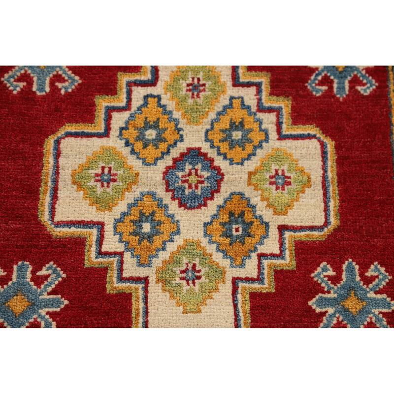 Geometric Kazak Foyer Rug Handmade Red Wool Carpet - 2'7" x 4'3"