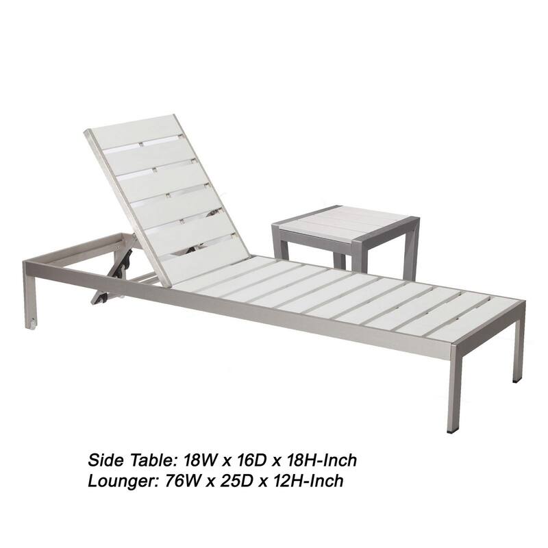 Metal Adjustable Slatted Lounger with Side Table, Set of 4, Gray and White