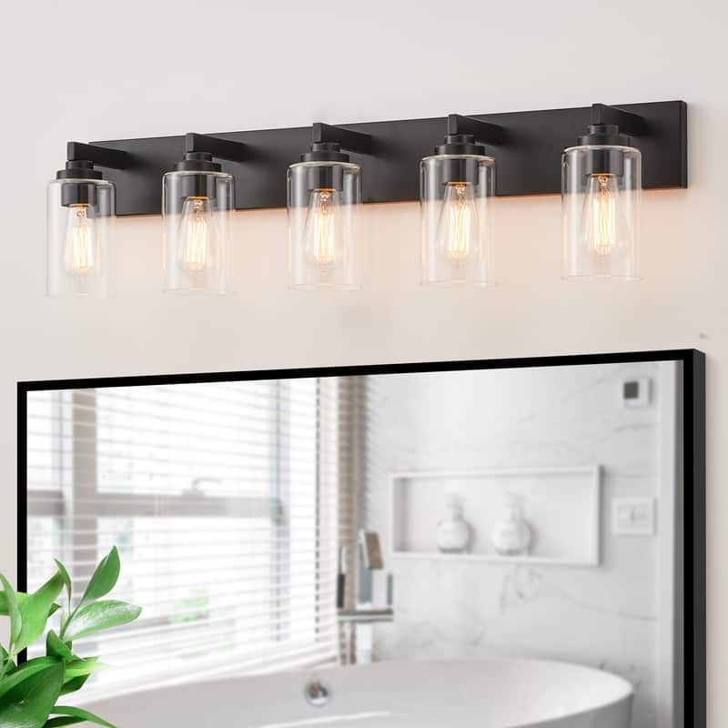 KAWOTI 5-Light Bathroom Vanity Light with Clear Glass Shade - Painted Black 
